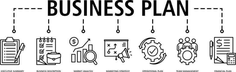 Business Plan web icon vector illustration concept with icon of (executive summary,business description,market analysis,marketing strategy,operational plan,team management,financial plan)
