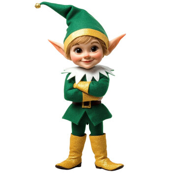 A cute and cheerful Christmas elf dressed in a green and gold outfit with a pointy hat and boots, isolated on a black background for holiday themes.