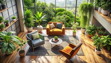 Fototapeta premium Modern Living Room Interior Drone Photography: Bright Minimalist Design with Chair and Indoor Plants for Contemporary Home Decor Inspiration