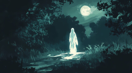Glowing ghostly apparition in moonlight. Ghostly Apparition. Illustration