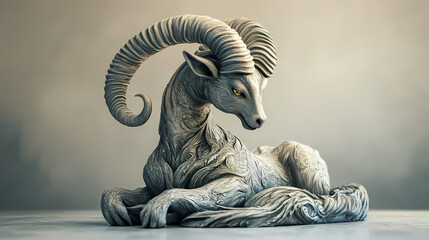 Fototapeta premium A majestic goat symbol representing the Capricorn zodiac, with sturdy horns and a focused gaze, symbolizing ambition, resilience, and determination amidst a winter landscape.