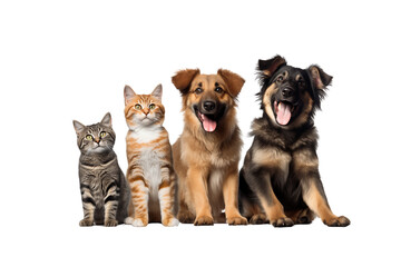Playful group of pets with one cat and three dogs, with joyful expressions and friendly vibe. companionship and fun concept on transparent background