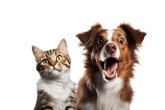 cat and dog duo with surprised expressive faces, friendship and fun concept on transparent background PNG cutout