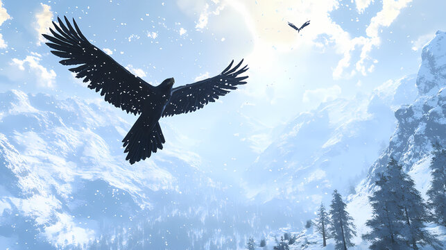 Griffin soaring above snowy mountain range, its wings spread wide, created with generative ai. Thunderbird Soaring. Illustration