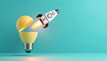 A rocket launching from a light bulb symbolizes innovation and creative ideas soaring to new heights against a teal background.