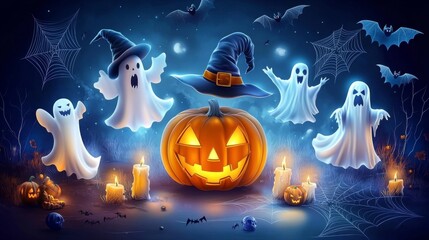 A carved pumpkin with a joyful grin sits at the center, surrounded by cute ghost decorations and a vibrant Halloween backdrop filled with festive colors and symbols.