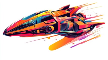 Fototapeta premium A dynamic spaceship vector illustration, vibrant colors with sharp lines and futuristic details, streamlined design, isolated on white background.