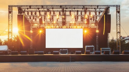 Stage modern rigging large outdoor concert with beam lights, sound system, and white blank screen mockup material background wallpaper AI generated image