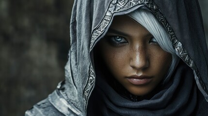 Naklejka premium Woman asian assassin medieval warrior knight white hair character wearing a hood background wallpaper AI generated image