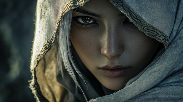 Woman asian assassin medieval warrior knight white hair character wearing a hood background wallpaper AI generated image