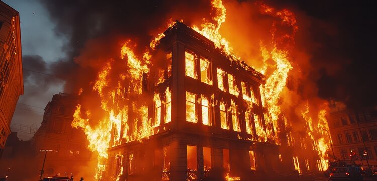 Old building on fire, with emergency response tackling the blaze.