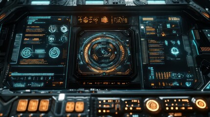 Fototapeta premium Digital display hologram HUD screen displaying from space interface advanced technology elements background wallpaper AI generated image