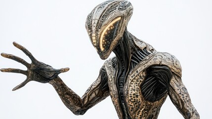 Fototapeta premium A full-body depiction of a tall alien being, with intricate skin patterns and bio-luminescent details, positioned on a white isolated background, ultra-detailed textures.