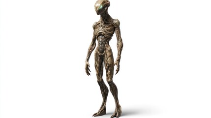 A full-body depiction of a tall alien being, with intricate skin patterns and bio-luminescent details, positioned on a white isolated background, ultra-detailed textures.