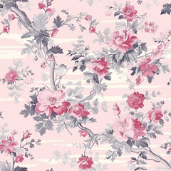 Fototapeta premium Seamless Toile de Jouy Floral Bird Pattern – Vintage-Inspired Elegant Design for Prints and Textiles