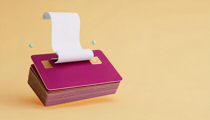 A colorful, stylized credit card with a paper receipt printing from it, set against a bright yellow background.