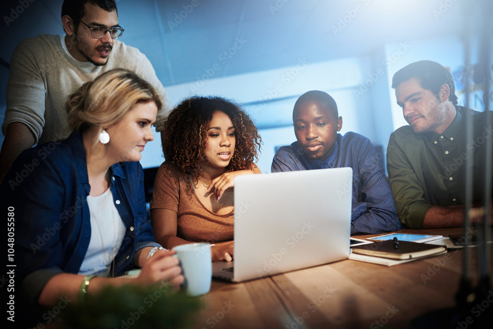 Poster Office, planning and business people with discussion by laptop for testing, advice and server launch. IT developer, team and programming with tech at night for backend development, project or support