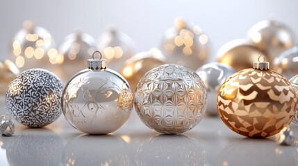 A group of elegant metallic ornaments, displayed on a white background, intricate details with gold and silver finishes, hyper-realistic reflections, soft lighting.