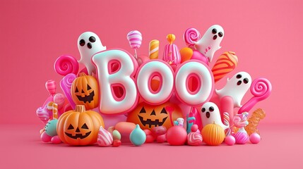 Obraz premium Colorful Halloween decorations with ghosts, pumpkins, and candies on a pink background.