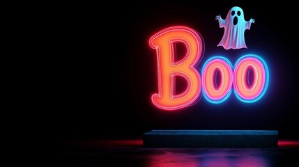 Colorful neon sign with ghost saying 'Boo' on dark background.