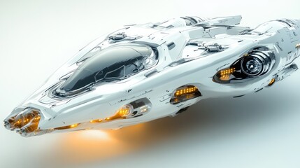 A highly detailed futuristic spacecraft, displayed on a clean white background, sharp focus on metallic surfaces, glowing engines, and intricate design elements.
