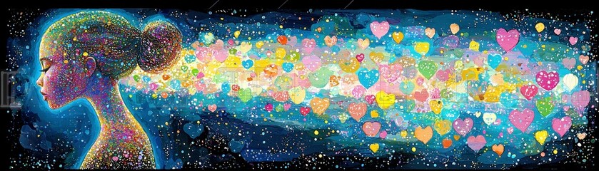 Vibrant Watercolor Portrait with Colorful Hearts