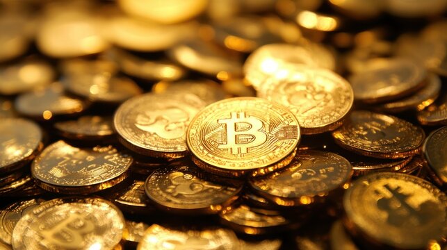 Stack of coins with gold metal bitcoin logo currency investment global background wallpaper AI generated image