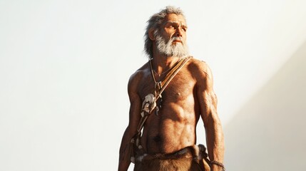 A historically detailed ancient man, showing intricate details in primitive clothing and accessories, standing on a bright white background, realistic lighting and textures.
