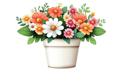 Colorful flowers in a white ceramic pot.