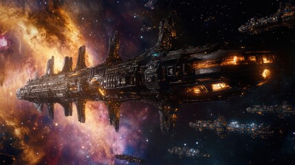 A massive futuristic spaceship concept art, hovering in a galaxy, featuring highly detailed metallic structures and glowing engines, cinematic lighting.