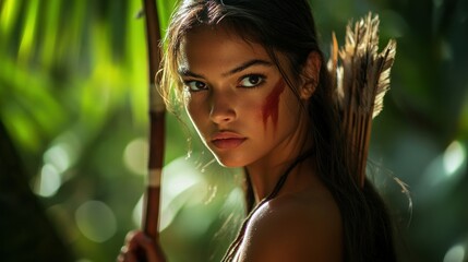 A woman naturally beautiful warrior hunter of the Amazon jungle a tough archer background wallpaper AI generated image