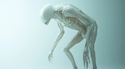 Obraz premium A minimalistic alien being with basic form and structure, standing on a pristine white background, ultra-detailed smooth surfaces, soft natural lighting