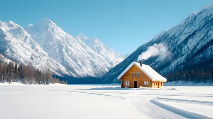 A serene wooden cabin in a snowy landscape, surrounded by majestic mountains under a clear blue sky.