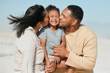 Relax, kiss and support with family at beach for travel destination, solidarity and summer...