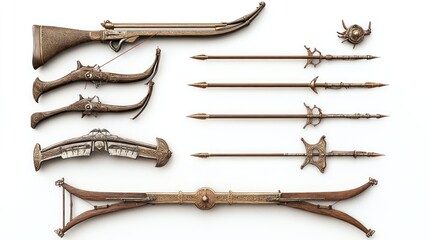 Obraz premium A set of antique European battle weapons, including crossbows and spears, arranged on a white background, hyper-detailed surfaces with intricate engravings, soft shadows