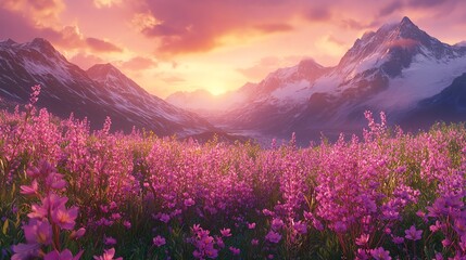 Obraz premium Mountain sunset over vibrant flower meadow