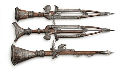 Obraz premium A set of antique European battle weapons, including crossbows and spears, arranged on a white background, hyper-detailed surfaces with intricate engravings, soft shadows