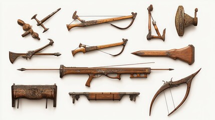 Obraz premium A set of antique European battle weapons, including crossbows and spears, arranged on a white background, hyper-detailed surfaces with intricate engravings, soft shadows