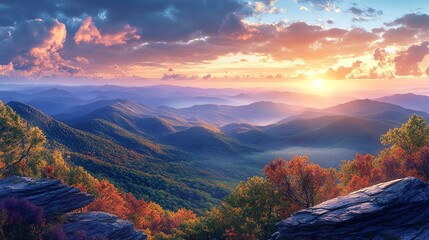 Scenic mountain sunset with colorful horizon.