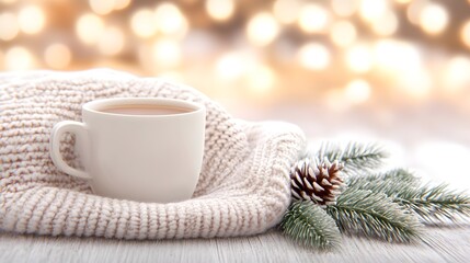 A cozy scene featuring a cup of tea or coffee on a soft knitted blanket, garnished with a pine branch and pine cone against a blurred festive background.