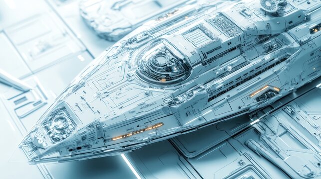 Close-up of a spaceship blueprint, featuring precise technical details and sharp geometric lines, displayed on a clean white background, ultra-detailed with lifelike lighting