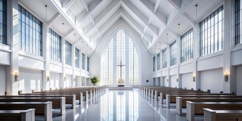 Stunning Macro Photography of Modern White Church Interior, Capturing Architectural Details, Light Play, and Minimalist Design Elements for Spiritual Spaces