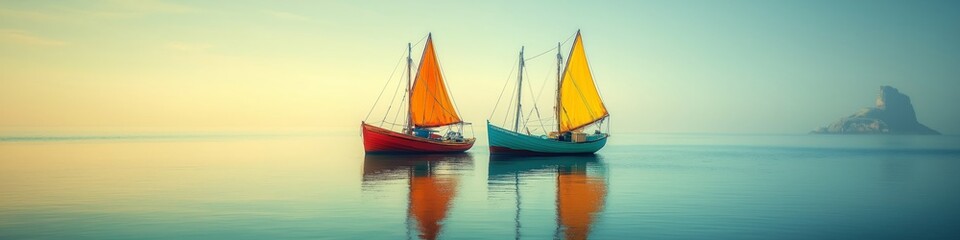 Fototapeta premium Two colorful sailboats anchored in tranquil waters at sunset.