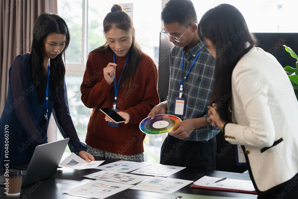 Wall mural group of software engineers design ux/ui for applications on smartphone/laptop