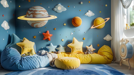 Space theme. Creative and bright eco design of a children's room. Bright fantasy wallpaper on the wall of baby room