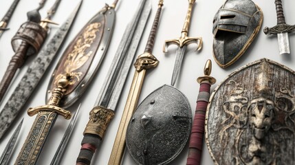 Close-up of detailed European medieval weapons, including swords, shields, and helmets, placed on a clean white background, ultra-detailed with lifelike reflections, soft lighting