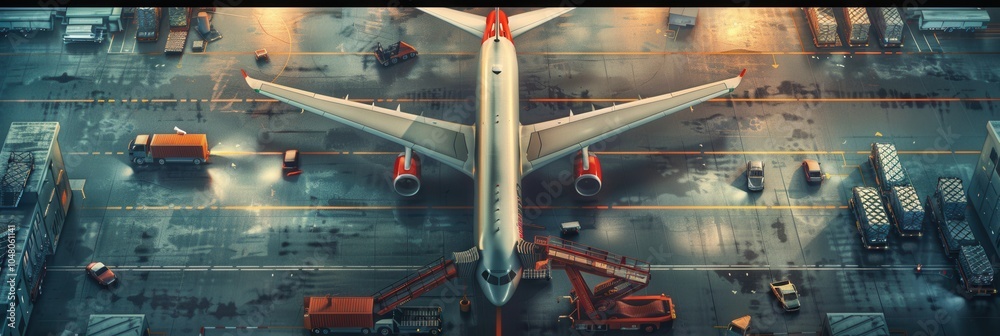 Fototapete a large cargo airplane is positioned on the runway, surrounded by loading equipment and vehicles, ac