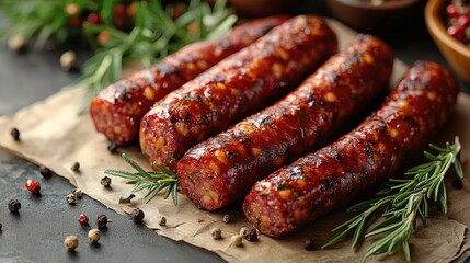 Fototapeta premium Grilled sausages garnished with herbs and spices
