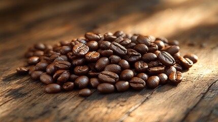 Obraz premium Close-up of freshly roasted coffee beans on wooden surface