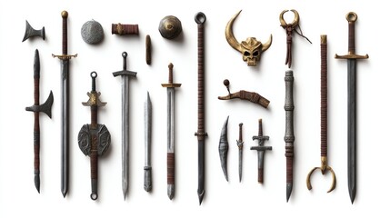 Fototapeta premium Detailed antique Asian weaponry, including hand-forged swords and traditional battle gear, positioned on a white background, ultra-detailed with natural shadows